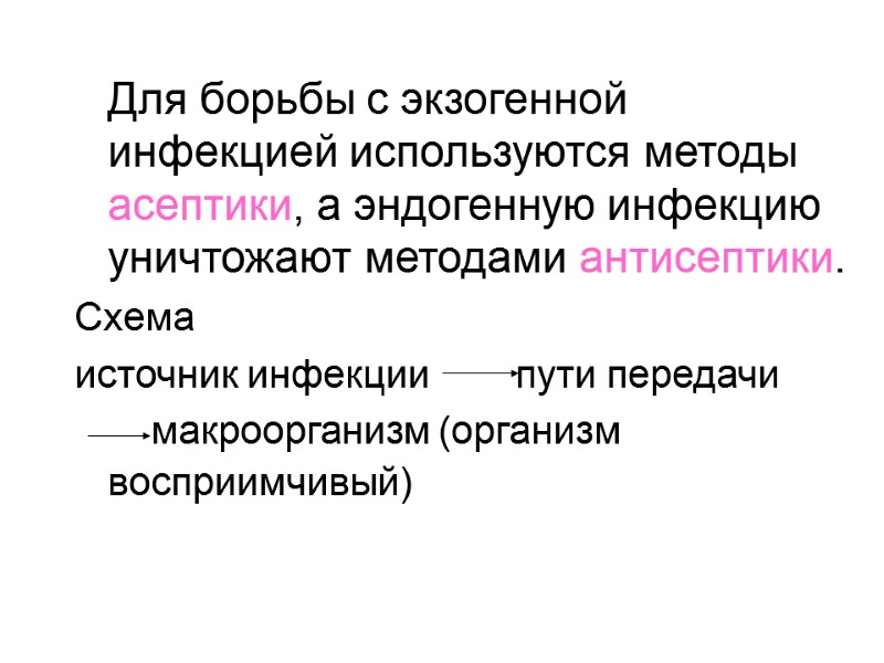 Для борьбы с экзогенной инфекцией используются методы асептики, а эндогенную инфекцию уничтожают методами антисептики.
